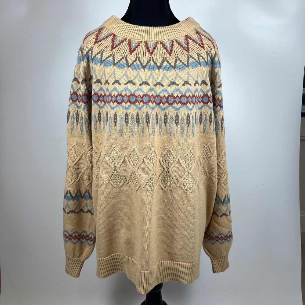 Savanna Jane Womens Fair Isle Cable Knit Sweater Tan Beige 1X